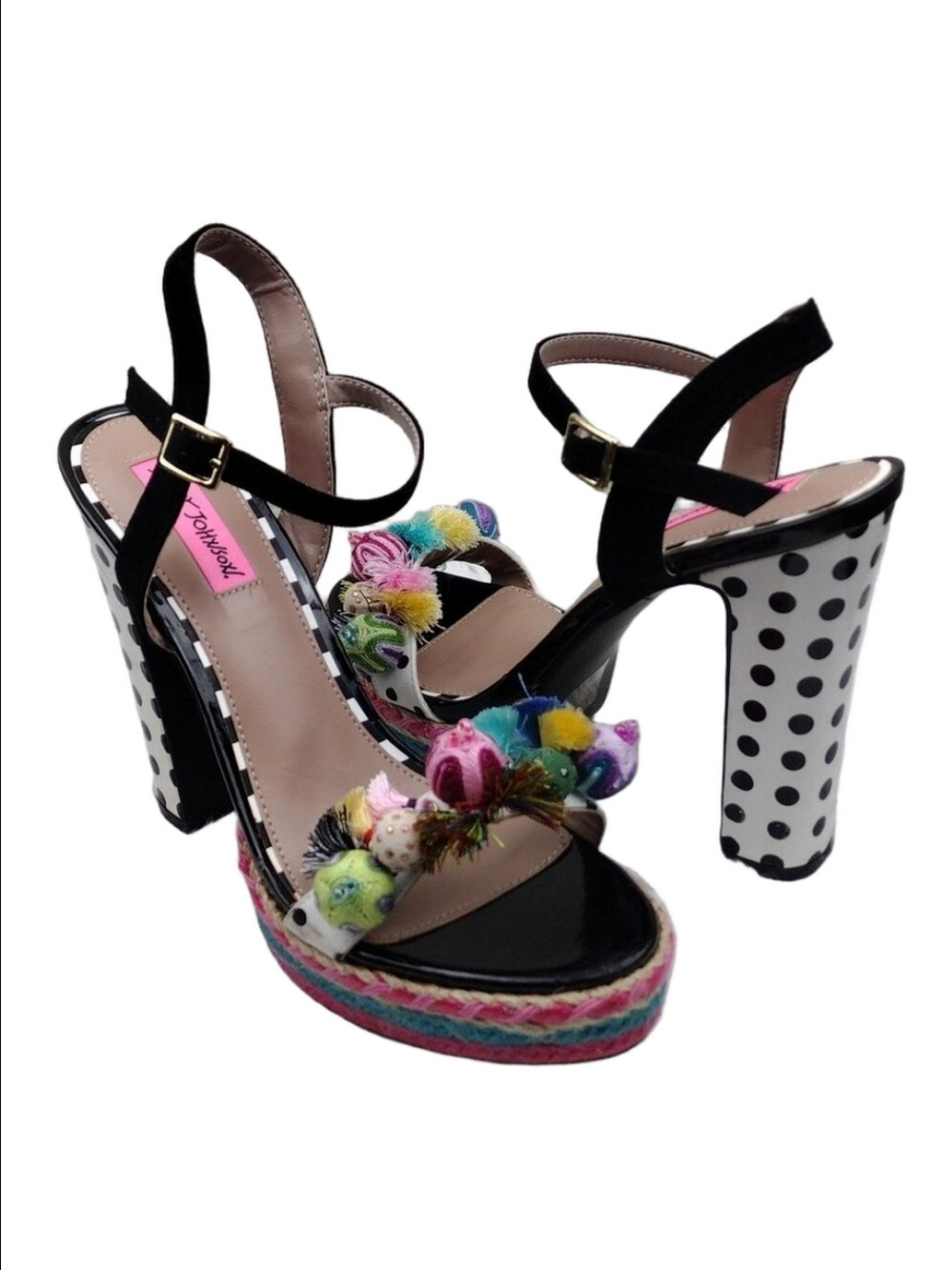 Betsey Johnson Polka Black White Embroidered Open Toe Slingback High Heel Shoe
